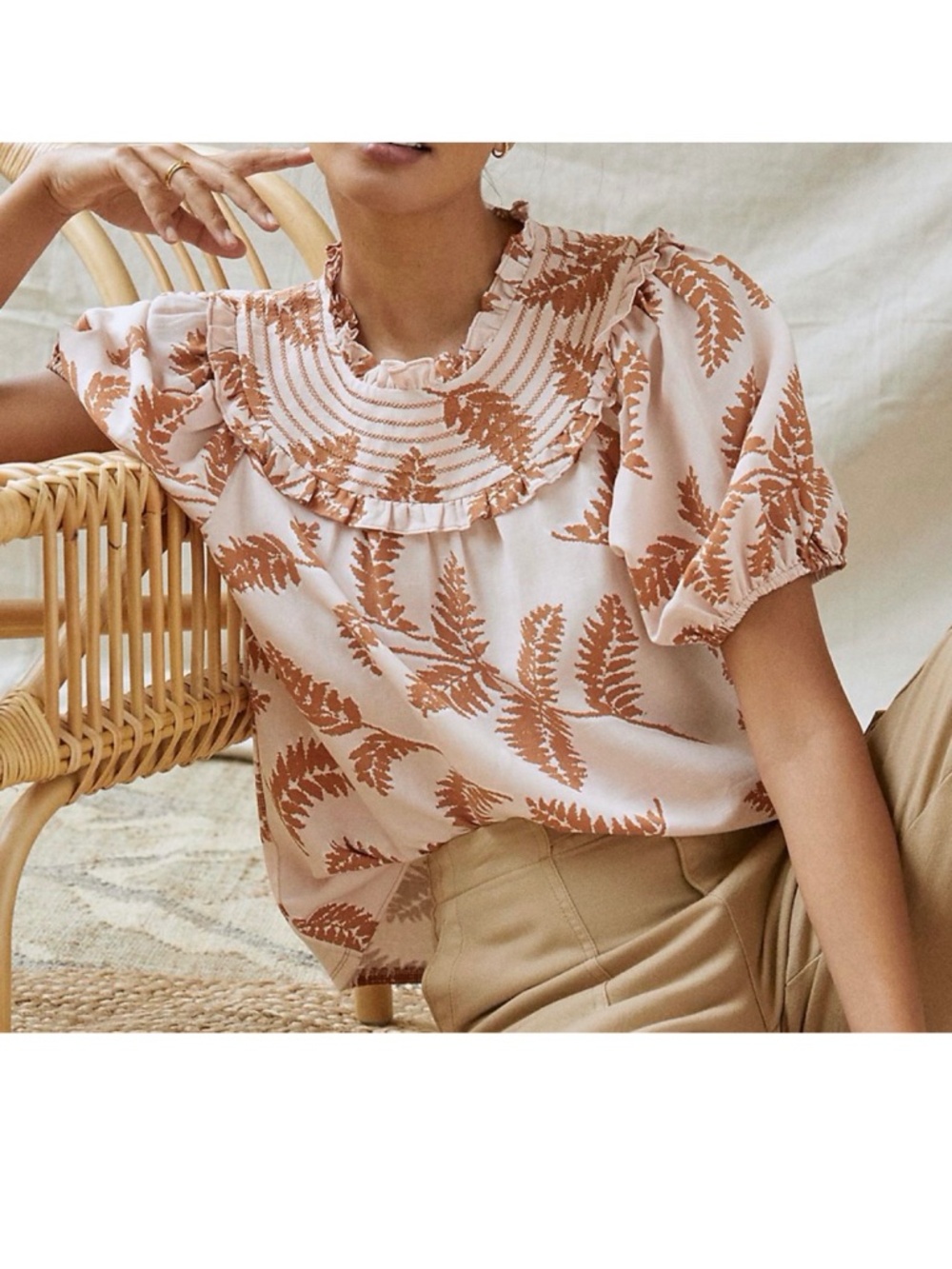 Current Air brand from Anthropologie Pink and Brown Fern-Print Ruffled Blouse